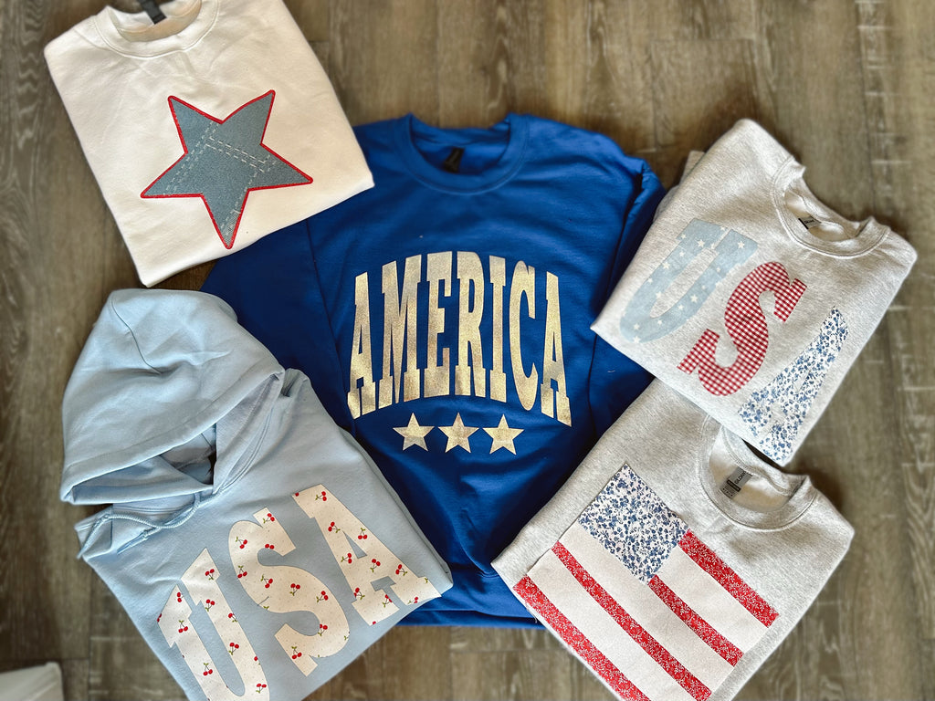 PATCHWORK AMERICAN FLAG - ASH GREY CREWNECK