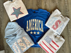 PATCHWORK AMERICAN FLAG - ASH GREY CREWNECK