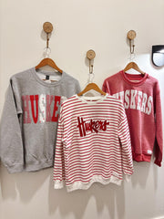 VARSITY WHITE HUSKERS - INSIDE OUT RED CREWNECK