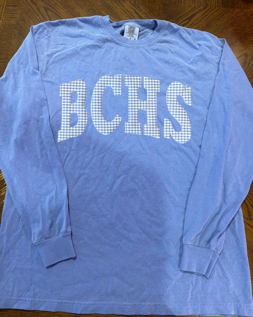 BLUE GINGHAM BCHS - FLO BLUE COMFORT COLORS LONG SLEEVE