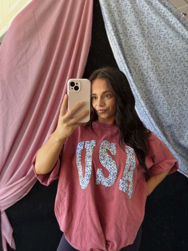 BLUE FLORAL USA - CRIMSON COMFORT COLORS TEE