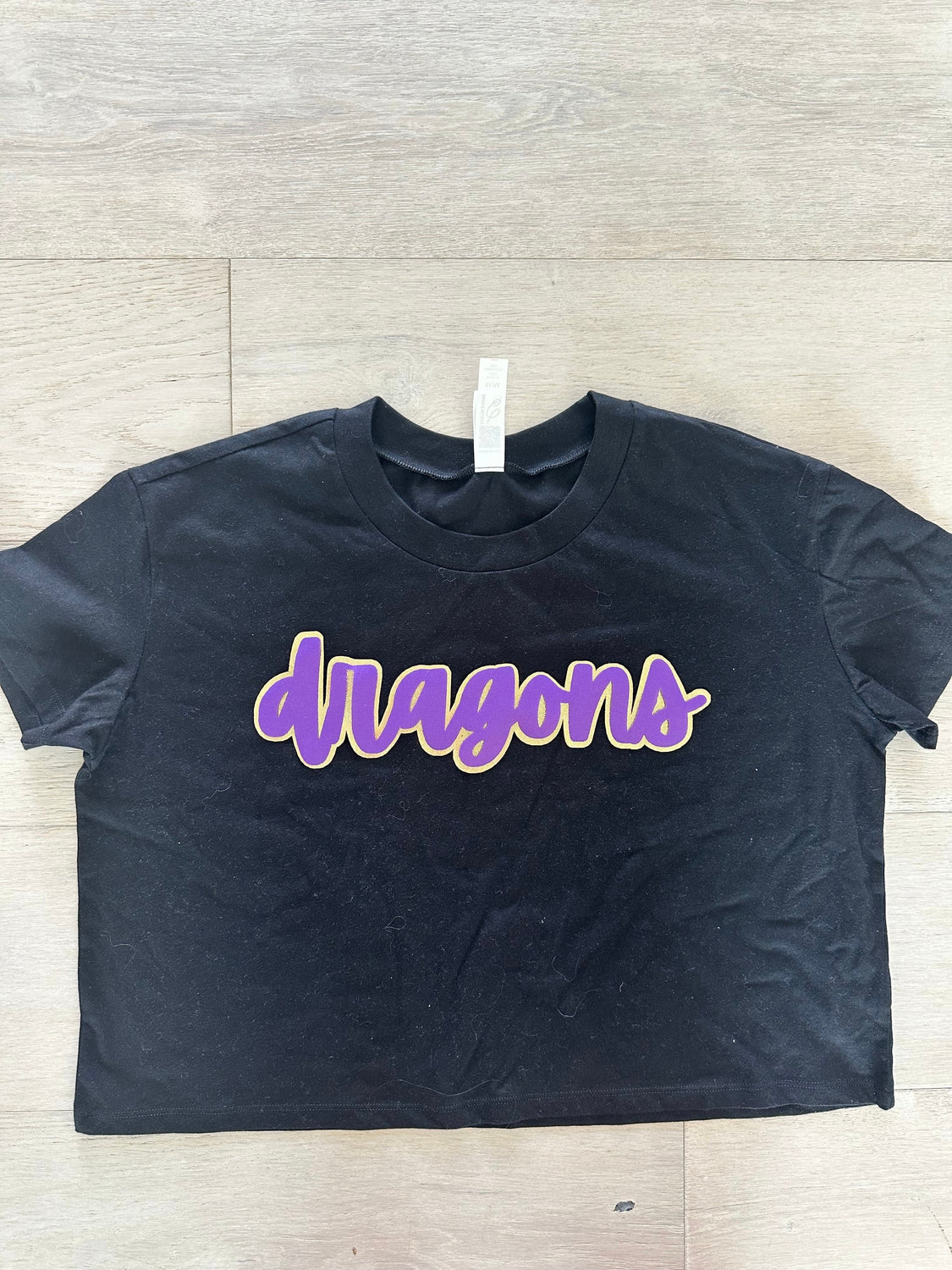 CURSIVE PURPLE/GOLD METALLIC DRAGONS  - BLACK CROP TEE