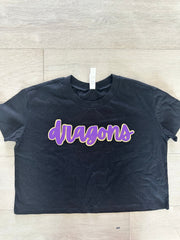 CURSIVE PURPLE/GOLD METALLIC DRAGONS  - BLACK CROP TEE