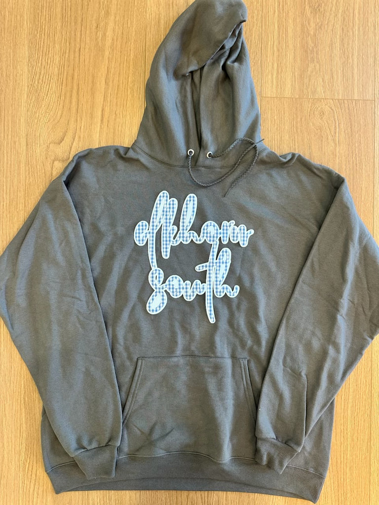 BLUE GINGHAM/LIGHT BLUE CURSIVE ELKHORN SOUTH - CHARCOAL HOODIE