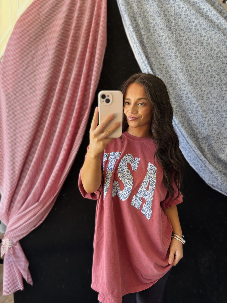BLUE FLORAL USA - CRIMSON COMFORT COLORS TEE
