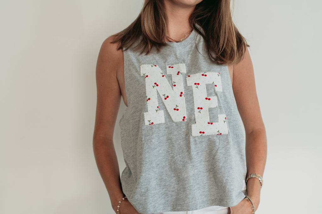 VARSITY CHERRY NE - GREY RACERBACK TANK (CROP + FULL LENGTH)