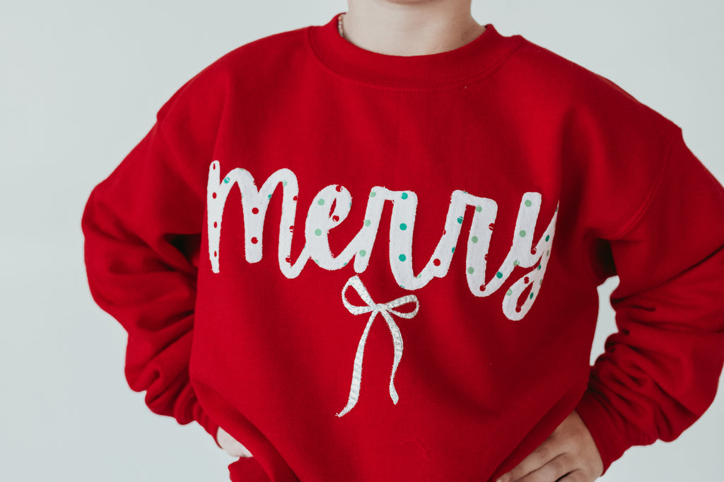 RED/GREEN POLKA DOT MERRY + BOW - RED CREWNECK (TODDLER + YOUTH + ADULT)