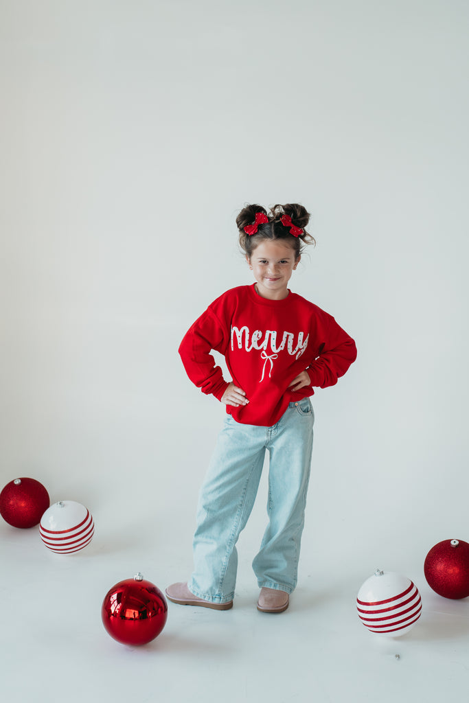 RED/GREEN POLKA DOT MERRY + BOW - RED CREWNECK (TODDLER + YOUTH + ADULT)