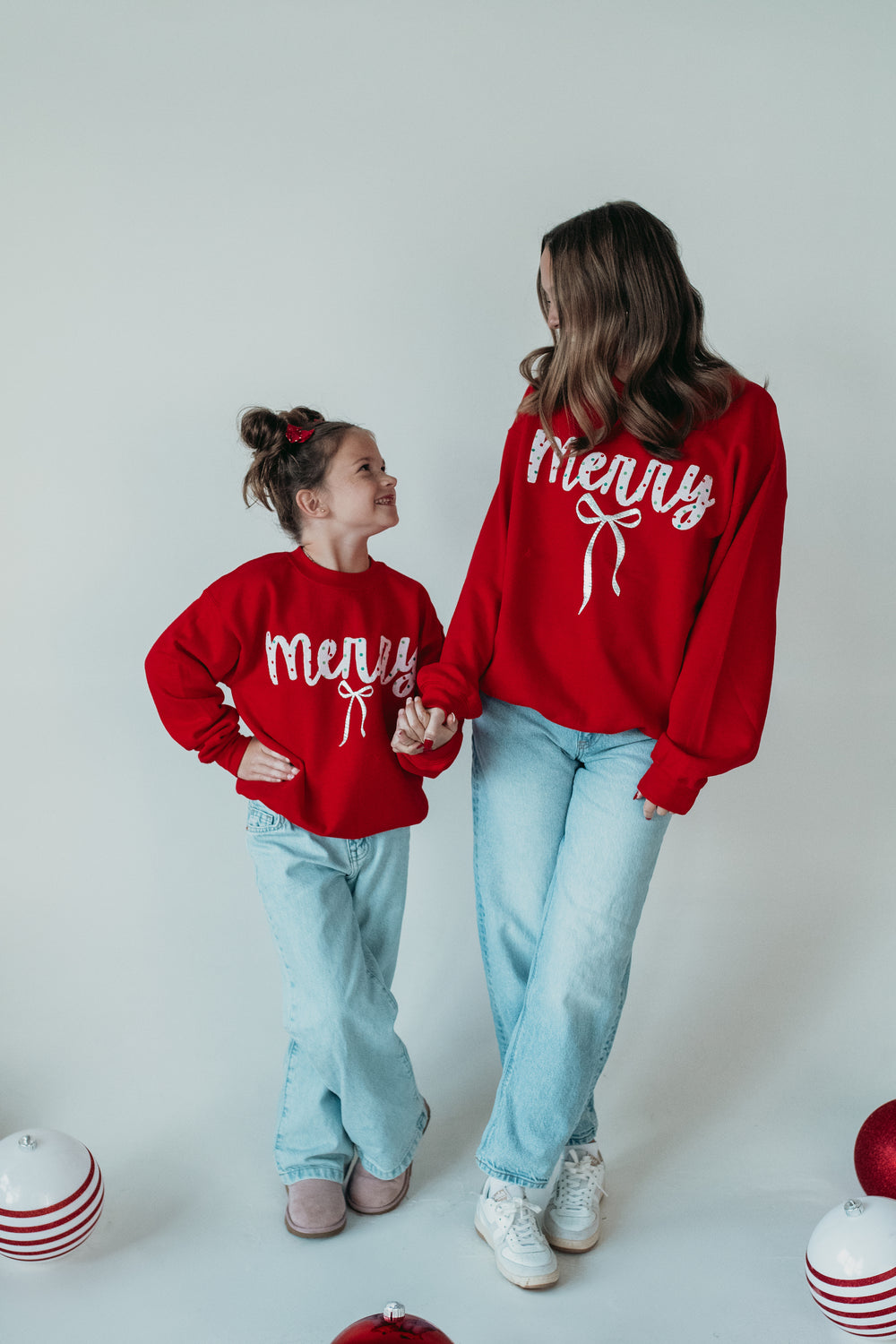 RED/GREEN POLKA DOT MERRY + BOW - RED CREWNECK (TODDLER + YOUTH + ADULT)