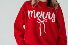 RED/GREEN POLKA DOT MERRY + BOW - RED CREWNECK (TODDLER + YOUTH + ADULT)