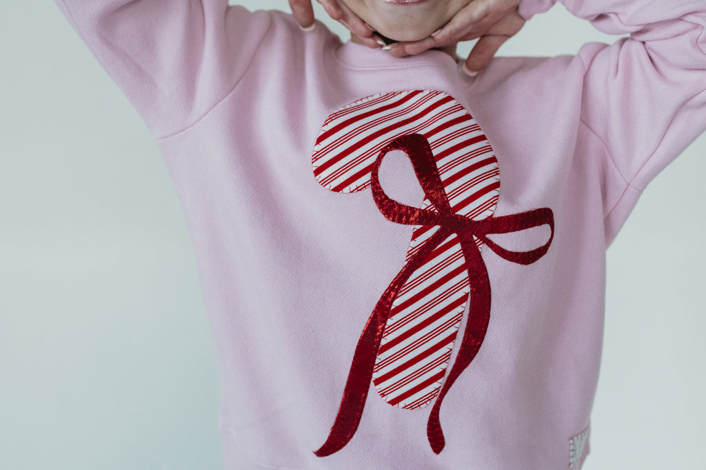 CANDY CANE + BOW - PINK CREWNECK (TODDLER + YOUTH + ADULT)