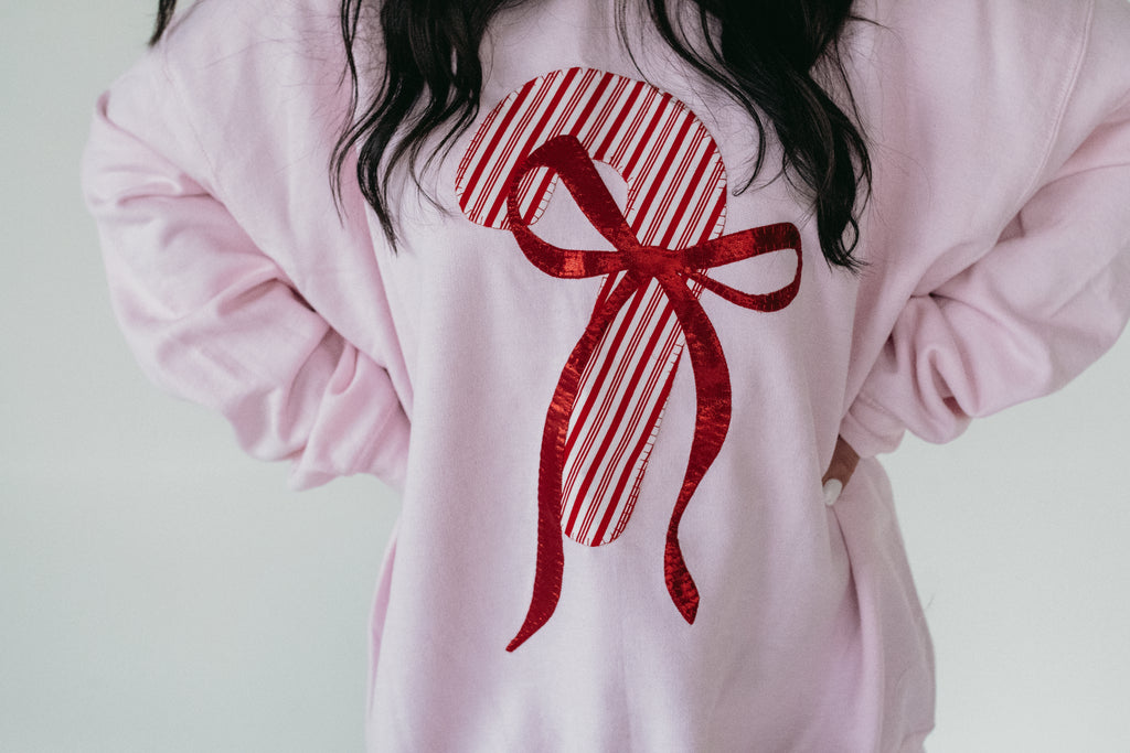 CANDY CANE + BOW - PINK CREWNECK (TODDLER + YOUTH + ADULT)