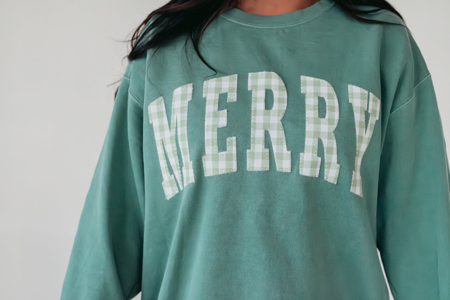 LIGHT GREEN GINGHAM MERRY - GREEN COMFORT COLORS CREW