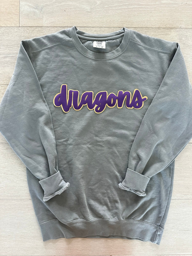 PURPLE/GOLD METALLIC CURSIVE DRAGONS - GREY COMFORT COLORS CREW (YOUTH + ADULT)