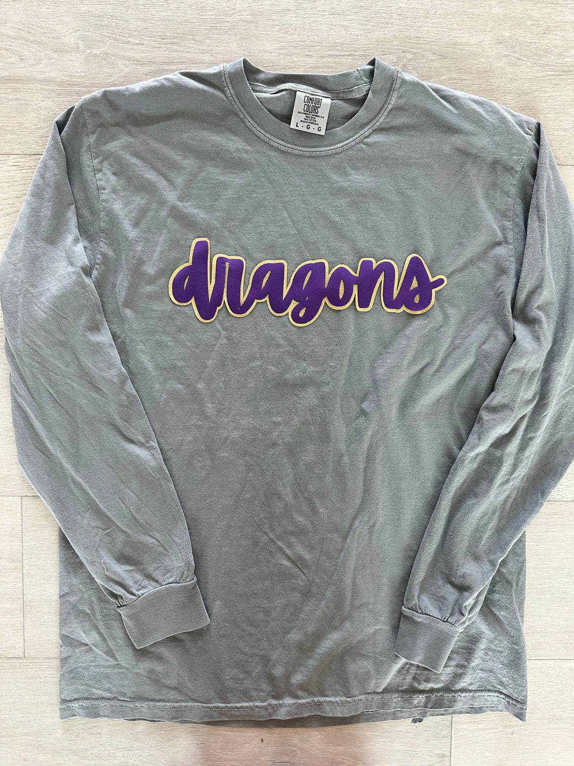 CURSIVE PURPLE/GOLD METALLIC DRAGONS - LIGHT GREY COMFORT COLORS LONG SLEEVE TEE