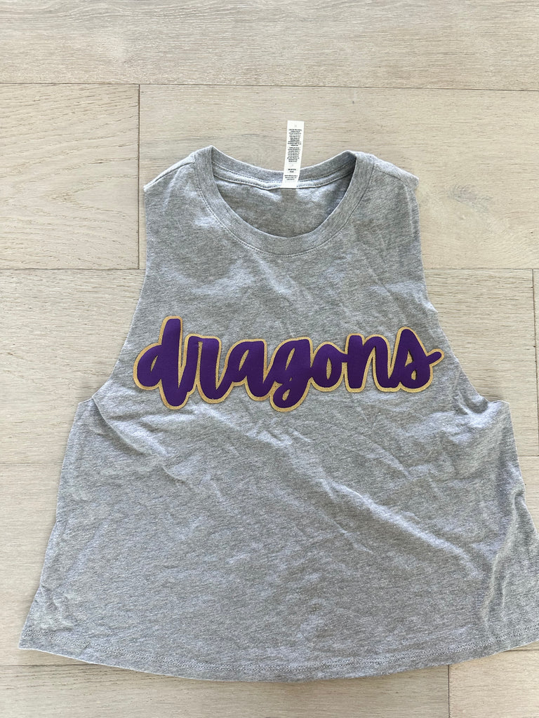 CURSIVE PURPLE/GOLD SPARKLE DRAGONS - GREY CROP TANK TOP