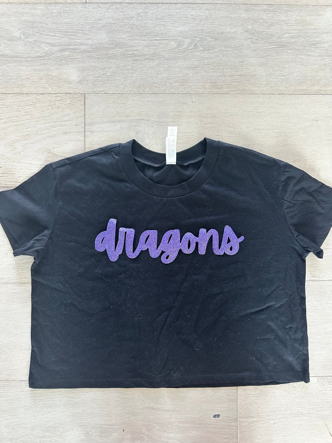 CURSIVE PURPLE SPARKLE DRAGONS  - BLACK CROP TEE