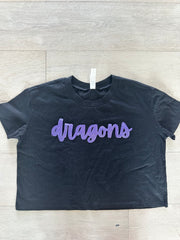 CURSIVE PURPLE SPARKLE DRAGONS  - BLACK CROP TEE
