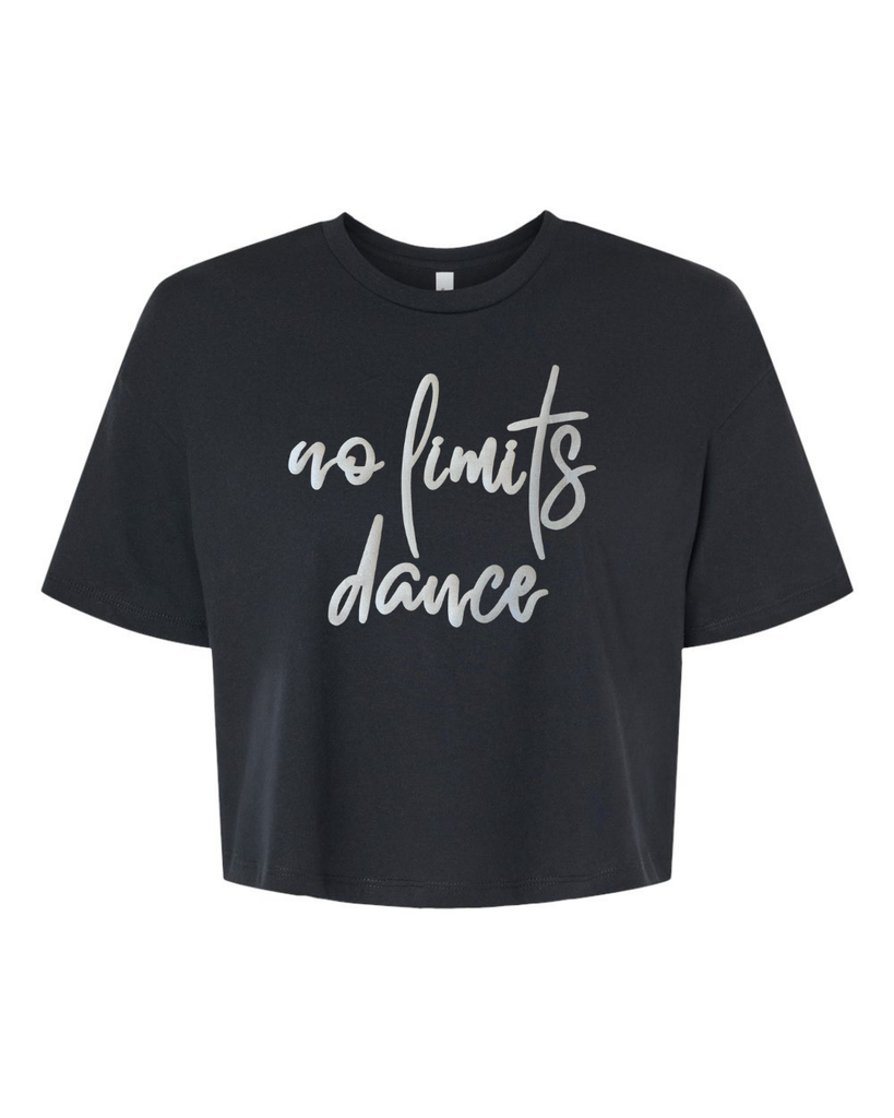 CURSIVE WHITE SPARKLE NO LIMITS DANCE - BLACK CROP TEE
