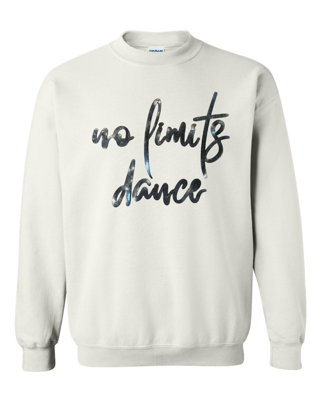 BLACK METALLIC NO LIMITS DANCE - WHITE GILDAN CREW - YOUTH + ADULT