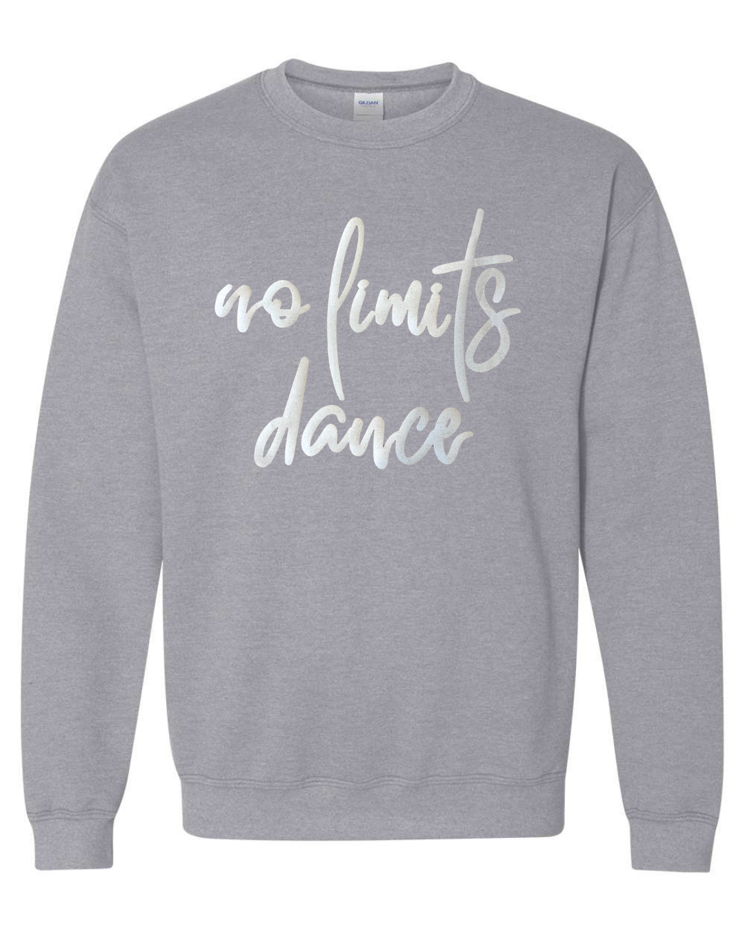 WHITE SPARKLE NO LIMITS DANCE - SPORT GREY GILDAN CREW - YOUTH + ADULT
