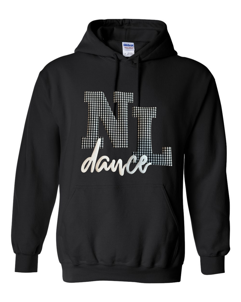 BLACK/WHITE GINGHAM NL WHITE DANCE - BLACK GILDAN HOODIE - YOUTH + ADULT