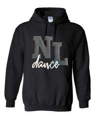 BLACK/WHITE GINGHAM NL WHITE DANCE - BLACK GILDAN HOODIE - YOUTH + ADULT