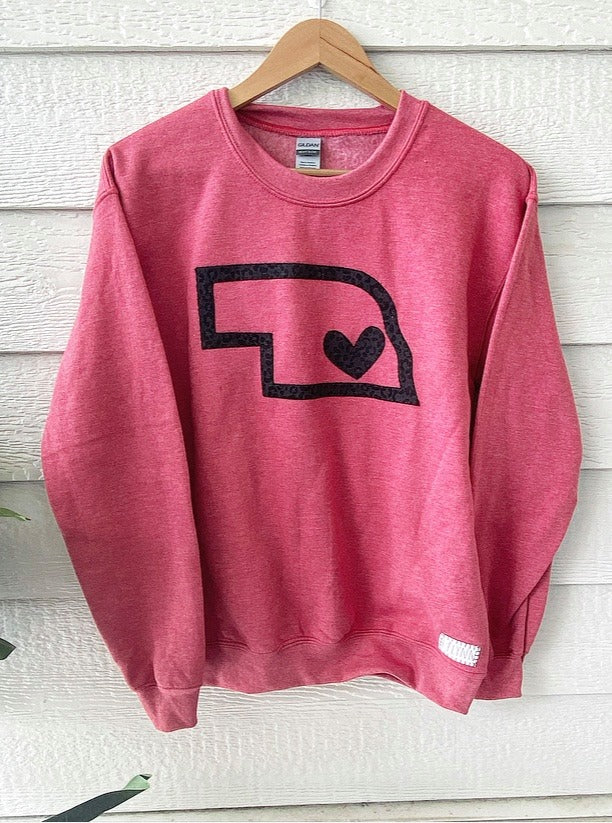 BLACK CHEETAH STATE + HEART - HEATHER RED CREW