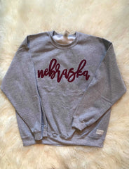 MAROON NEBRASKA ON LIGHT GREY CREW