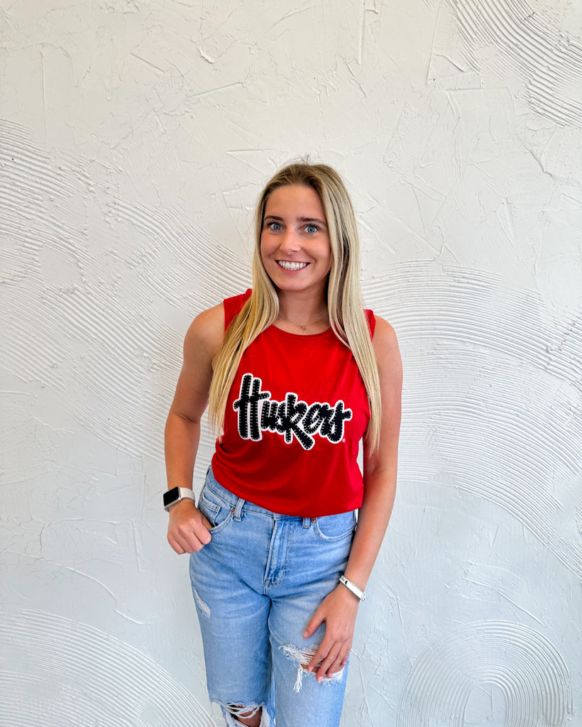 BLACK/ WHITE SPARKLE HUSKERS SCRIPT - RED TANK
