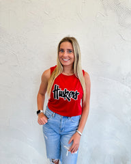 BLACK/ WHITE SPARKLE HUSKERS SCRIPT - RED TANK