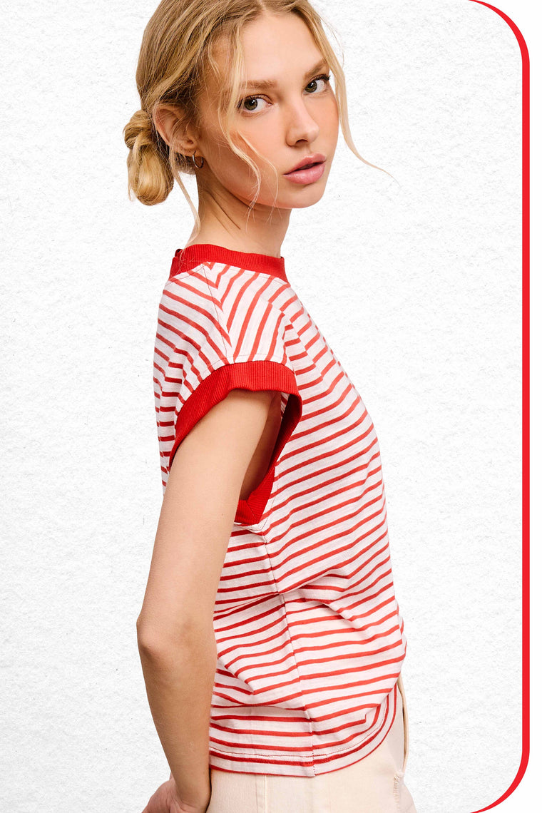 La Miel - JDT7710-Nautical Cap Sleeve Striped Top: Goji Berry / L