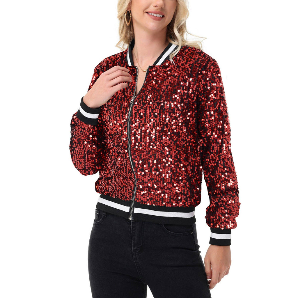 Anna Kaci Wholesale - Game Day Sequin Bomber Jacket with Ribbed Trim and Front Zip: Red / Small 4-6