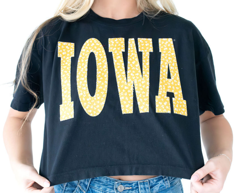 YELLOW + WHITE FLORAL IOWA - BLACK CROP TEE
