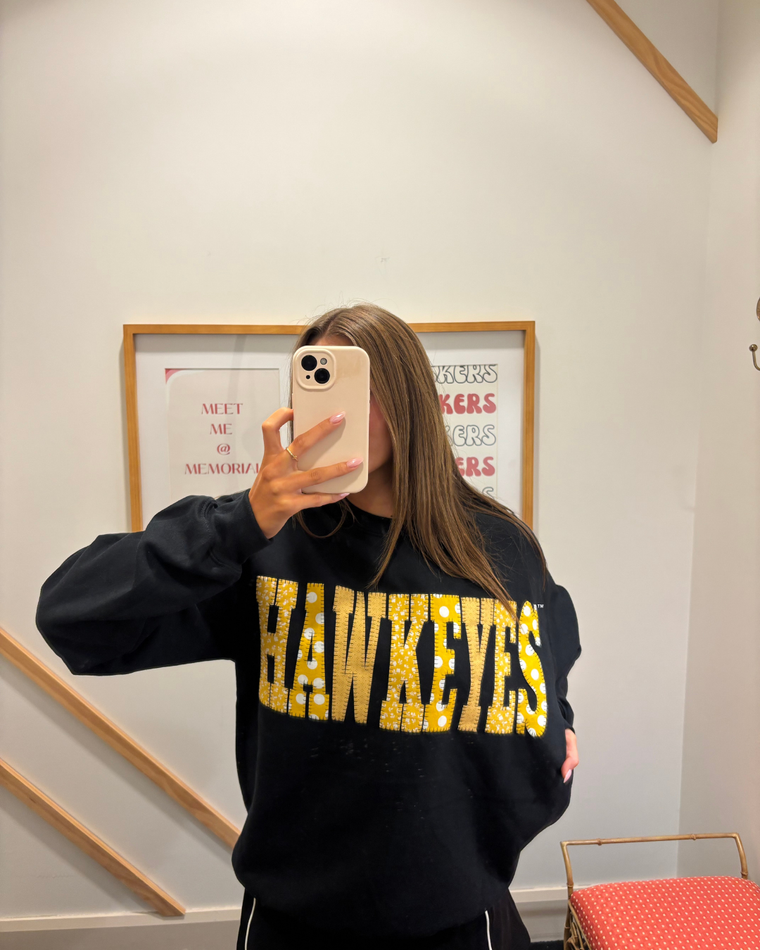 YELLOW PATCHWORK HAWKEYES - BLACK CREWNECK
