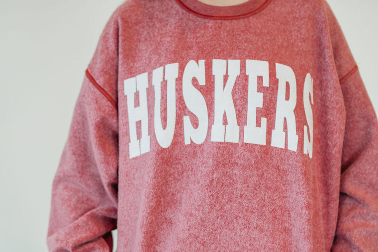 VARSITY WHITE HUSKERS - INSIDE OUT RED CREWNECK