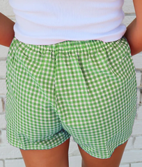Lovesoft - Red Plaid Gingham Printed High Waist Shorts: Red Stripe / 100%Polyester / M