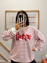 RED METALLIC/WHITE HUSKERS SCRIPT - RED STRIPED CREWNECK