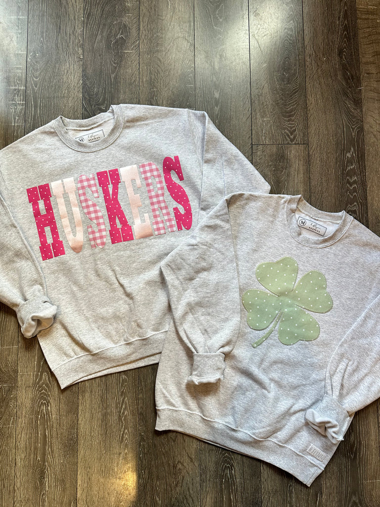 PINK PATCHWORK HUSKERS - ASH CREWNECK
