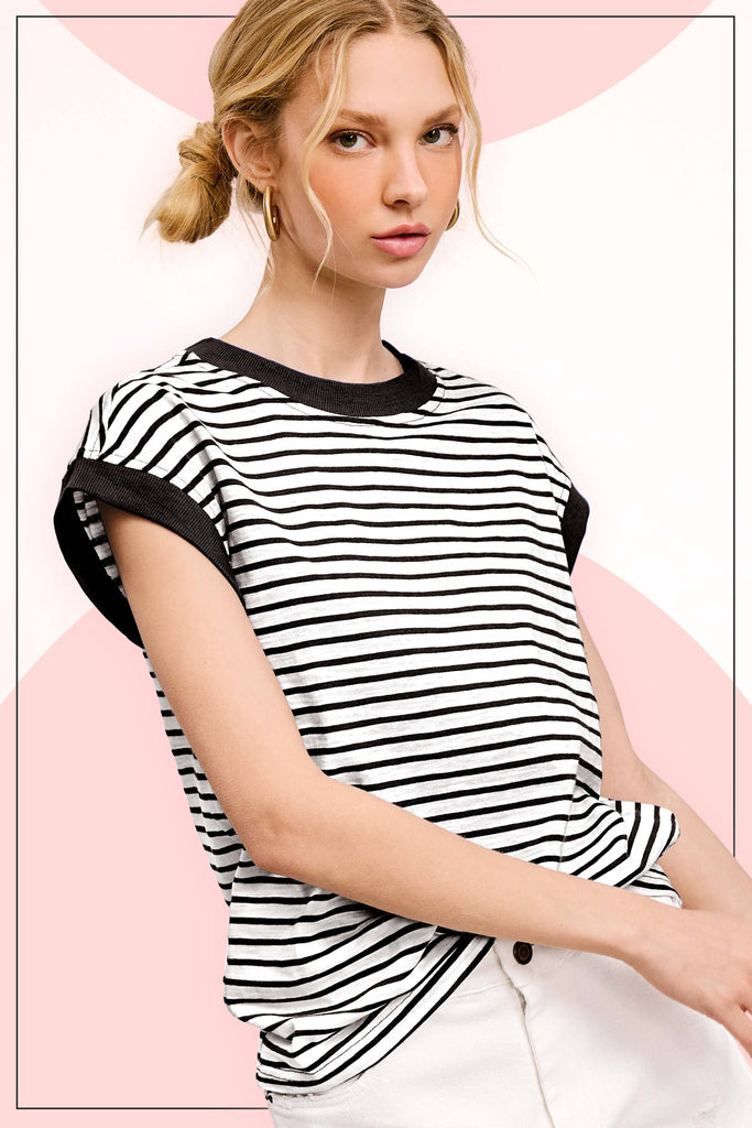 La Miel - JDT7710-Nautical Cap Sleeve Striped Top: Goji Berry / S