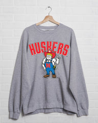 LivyLu - Nebraska Huskers Cartoon Mascot Gray Thrifted Sweatshirt : 2XL