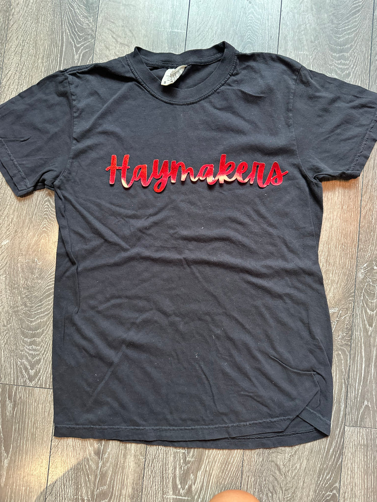 CURSIVE RED METALLIC HAYMAKERS - BLACK COMFORT COLORS TEE (YOUTH + ADULT)