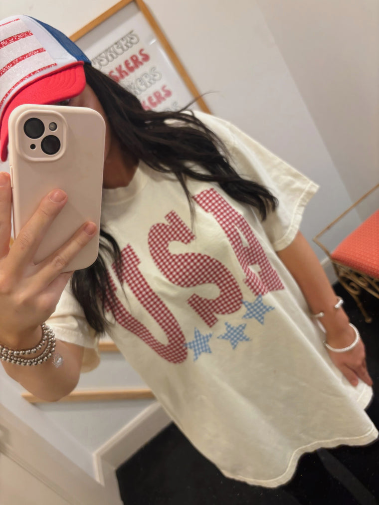RED GINGHAM USA w/ BLUE GINGHAM STARS - IVORY COMFORT COLORS TEE