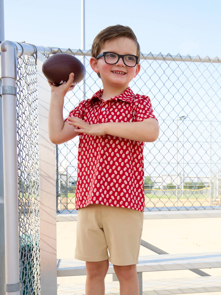 RuffleButts + RuggedButts - Boys Varsity Red Football Frenzy Knit Short Sleeve Performance Polo: Red / 4T