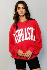 BUCKETLIST - T1770N 'NEBRASKA' Comfy Oversize Graphic Sweatshirt: Red / S-M-L (2-2-2)