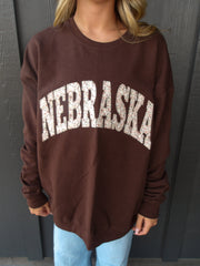 DAINTY MUTED FLORAL NEBRASKA- CHOCOLATE BROWN CREW