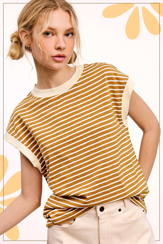 La Miel - JDT7710-Nautical Cap Sleeve Striped Top: Goji Berry / S