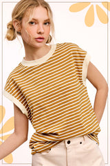 La Miel - JDT7710-Nautical Cap Sleeve Striped Top: Goji Berry / S