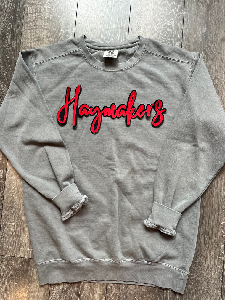 RED/BLACK CURSIVE HAYMAKERS - GREY COMFORT COLORS CREW (YOUTH + ADULT)