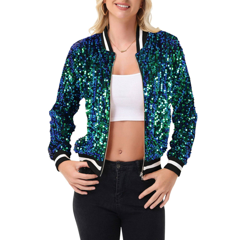 Anna Kaci Wholesale - Game Day Sequin Bomber Jacket with Ribbed Trim and Front Zip: Red / Small 4-6